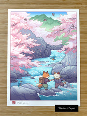 'Fox and Cat, Sakura Hike' Giclee Print